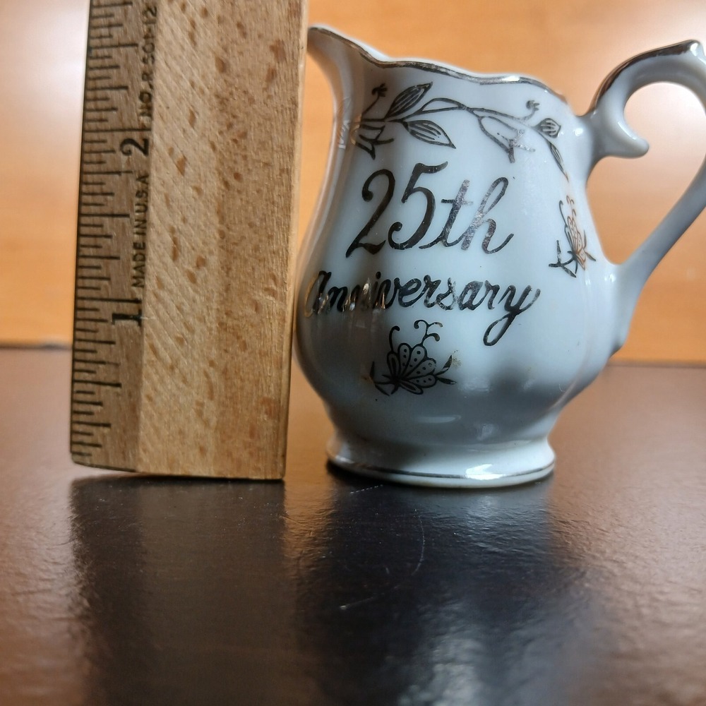 Vintage 25th Anniversary Creamer Pitcher Porcelain Silver White Floral Vine - Picture 2 of 8